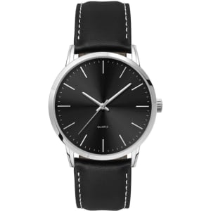 A men's dress watch featuring a black dial and a black leather strap with white stitching. It has a simple silver casing and a logo.