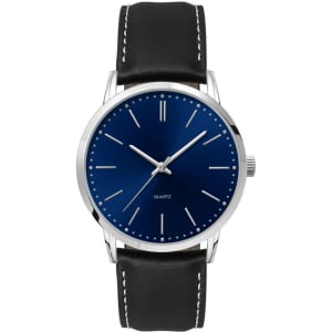 A men's dress watch featuring a blue dial and a black leather strap, with a silver case and simple hour markers.