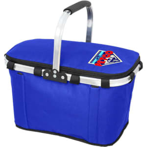 A blue picnic cooler bag with a sturdy handle and a logo on the side, featuring a zippered closure.