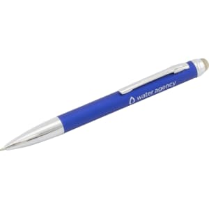 A blue stylus pen with a silver clip and tip, featuring branding on the barrel.