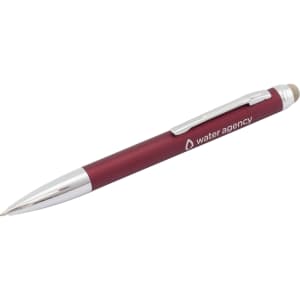 A stylus pen in a deep red colour with a chrome clip and tip, featuring a logo.