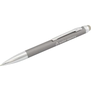 A stylus pen in grey with a silver trim and a logo on the barrel.