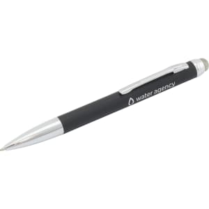 A black stylus pen with a silver tip and clip, featuring a branding logo.