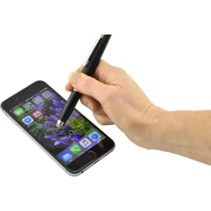 A black stylus pen held in a hand, touching the screen of a smartphone displaying a floral background.