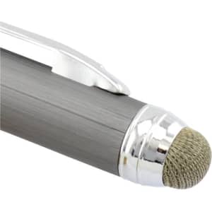 A grey stylus pen with a silver clip and textured tip for touchscreen use. It features a logo on the barrel.