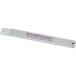 A silver Measure-Mate scale rule with a logo and measurement markings on one end.