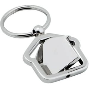 A silver keyring shaped like a house, featuring a simple design. It has a round ring for attaching keys.