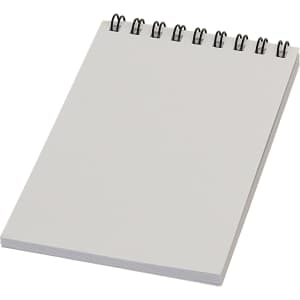 A spiral notebook with a grey cover and blank pages, showcasing a simple and functional design.