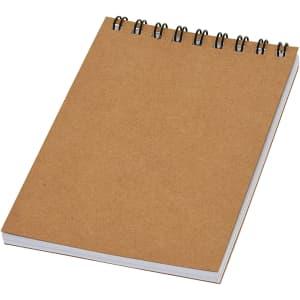 A brown pocket spiral notebook with a plain cover and white pages. It features metal wire bindings.