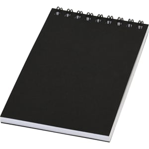 A black pocket spiral notebook with a wire binding and blank pages. Ideal for notes or sketches.