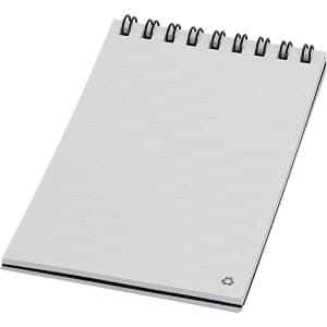A grey pocket spiral notebook with lined pages and a logo in the corner.