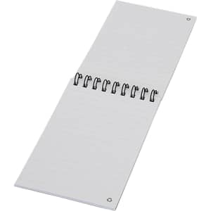 A pocket spiral notebook with white lined pages and a metal spiral binding. It includes a logo on the cover.