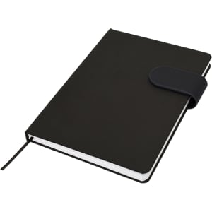 A black A5 notebook with a clasp closure and a ribbon bookmark. It features a minimalist design.