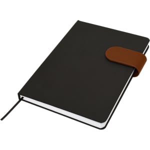 A black A5 notebook with a brown elastic band closure and a ribbon bookmark. Features a logo on the cover.