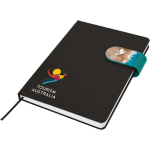 A black A5 notebook with a colourful elastic band and a logo on the cover. Features a ribbon bookmark.
