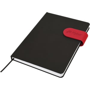 A black A5 notebook with a red elastic band closure, featuring a logo on the band.