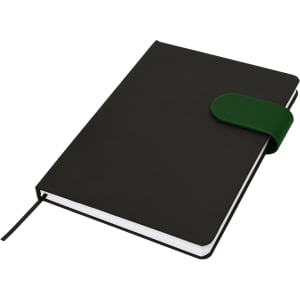 A black A5 notebook with a green elastic band closure and a ribbon bookmark. It has a branded logo on the cover.