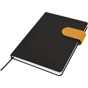 A black A5 notebook with a yellow elastic closure and a ribbon bookmark, featuring a logo on the cover.