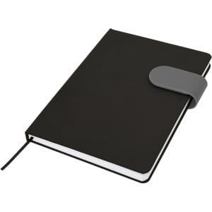 A black A5 notebook with a gray strap closure and a ribbon bookmark, featuring a logo on the cover.