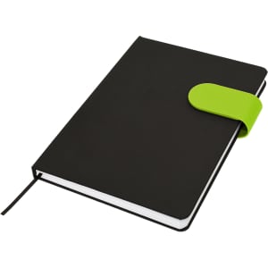 A black A5 notebook with a green elastic closure, featuring a ribbon marker and a smooth finish.