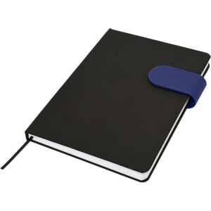 A black A5 notebook featuring a blue elastic band closure and a ribbon bookmark, with a smooth textured cover.