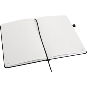 An A5 notebook with a black cover, featuring lined pages and a ribbon bookmark. It also has a logo.