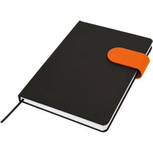 A black A5 notebook with an orange closure band, featuring an elastic strap and a ribbon bookmark.