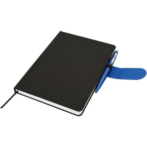 A black A5 notebook with a blue pen attached, featuring a bookmark and an elastic band.