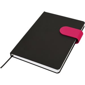 A black A5 notebook with a pink elastic closure, featuring a ribbon bookmark and a textured cover.