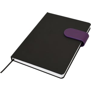 A black A5 notebook with a purple elastic band closure and a ribbon bookmark. It features a smooth cover.