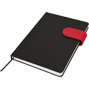A black A5 notebook with a red elastic strap closure and a ribbon marker, featuring a logo on the cover.