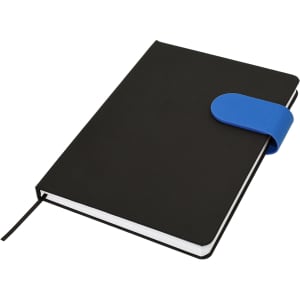 A black A5 notebook featuring a blue elastic strap closure and a ribbon bookmark. It has a smooth exterior and inner pages.
