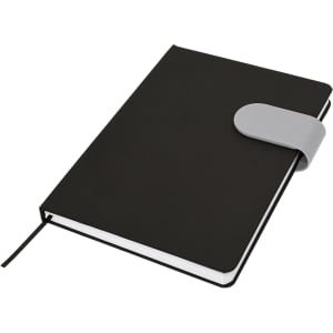 A black A5 notebook featuring a grey elastic closure, with a ribbon bookmark and blank pages.