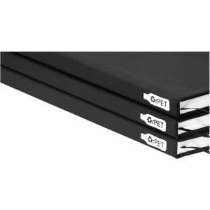 A black A5 notebook with a textured cover, featuring multiple sections and a logo.