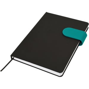 A black A5 notebook with a turquoise elastic band closure and a ribbon bookmark. It features a logo on the cover.