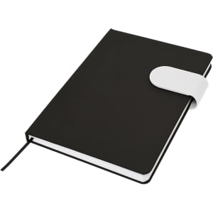 A black A5 notebook with a white closure and a ribbon bookmark, featuring a logo on the cover.