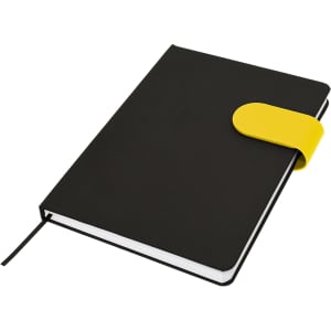 A black A5 notebook with a yellow elastic band closure and white pages. It features a branding logo.
