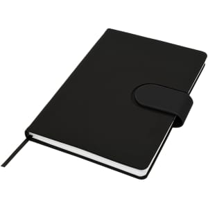 A black Cordoba A5 notebook with a secure closure and a ribbon bookmark. It has a smooth, professional finish.