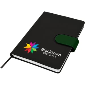 A black Cordoba A5 notebook with a green elastic band and a logo on the cover.