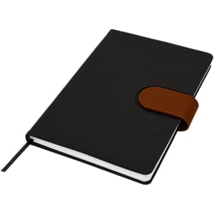 A black Cordoba A5 notebook with a brown closure strap and a ribbon bookmark. It features a logo.