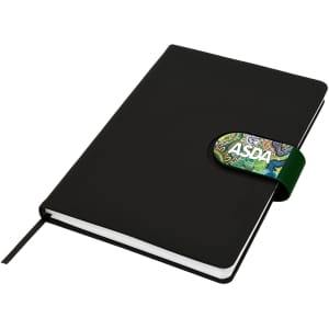 A black Cordoba A5 notebook with a decorative elastic band and a logo. The notebook features a plain cover and a ribbon bookmark.