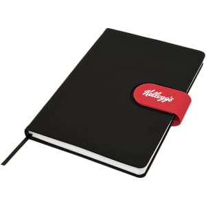 A black A5 notebook with a red elastic band closure featuring a logo. Interior consists of blank pages.
