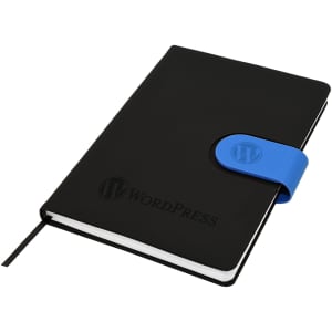A black Cordoba A5 notebook featuring a blue elastic band and a logo on the cover.