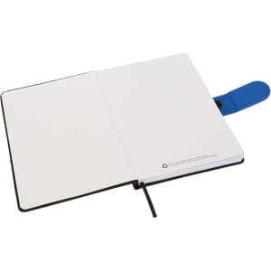 An A5 notebook with a black cover, blue elastic band closure, and blank white pages inside.
