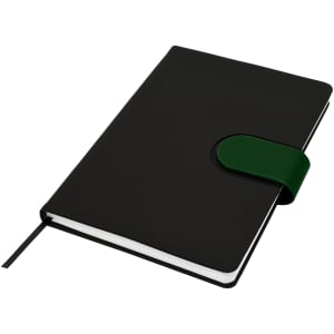 A black notebook with a green elastic closure and a ribbon marker, featuring a logo on the front.