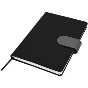 A black Cordoba A5 notebook with a grey elastic closure and a ribbon bookmark. It features a smooth finish.