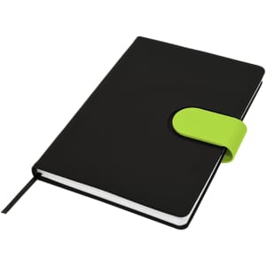 A black notebook with a green elastic closure, featuring a ribbon bookmark and blank pages inside.