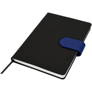 A black notebook with a blue elastic closure and a ribbon bookmark. It has a logo on the cover.