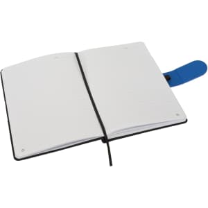 An open Cordoba A5 notebook with lined pages, featuring a black cover and a blue bookmark.