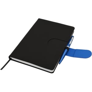 A black notebook with a pen and a blue closure. It features a logo on the cover and a ribbon bookmark.